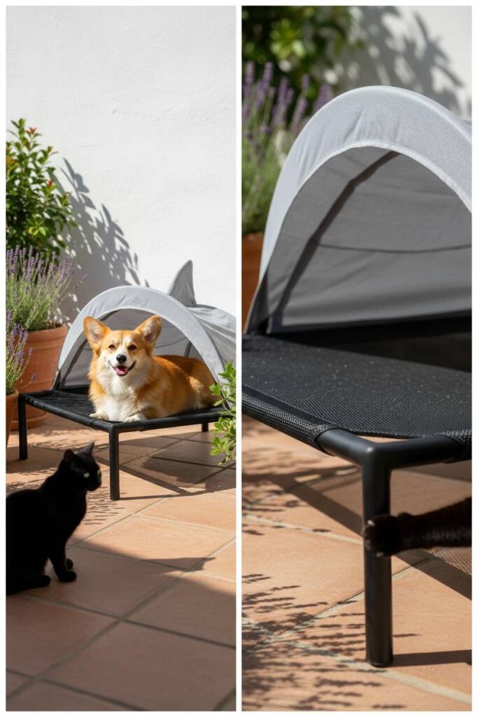 Bright airy patio scene with Mediterranean vibes. A shark bed sits elevated on a sleek black metal frame with a happy corgi r