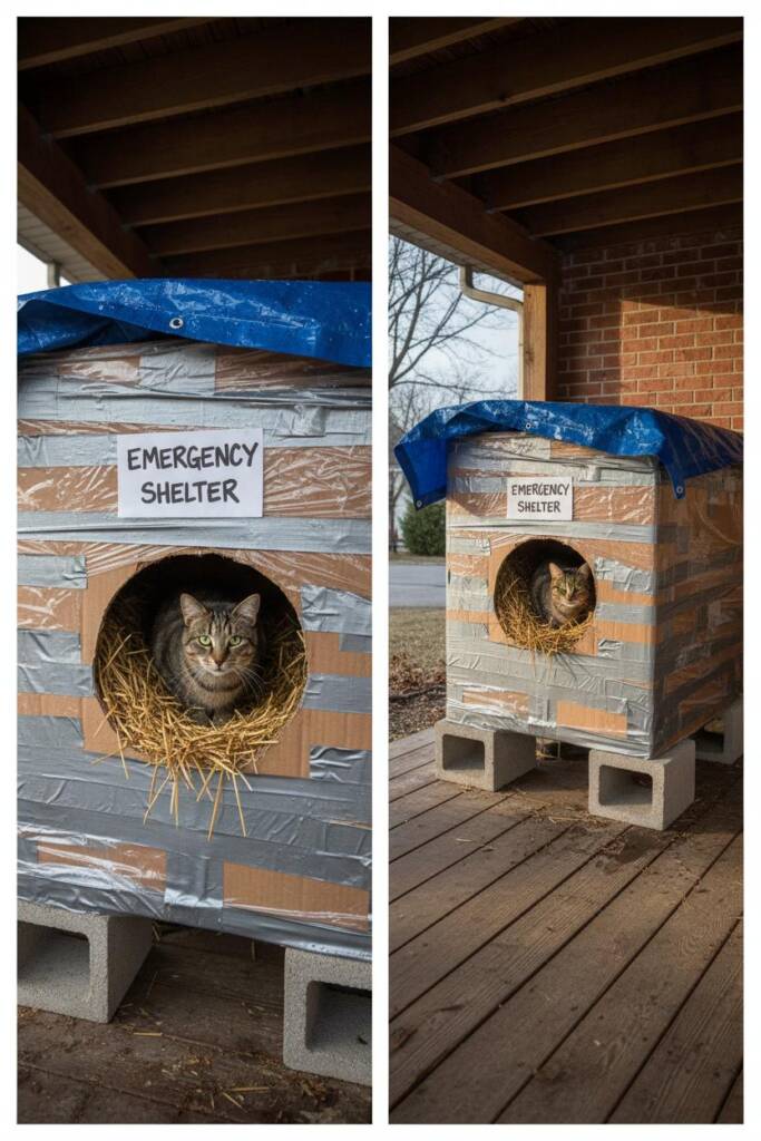 Large appliance box completely wrapped in multiple layers of heavy-duty plastic bags and duct tape, blue tarp draped over top