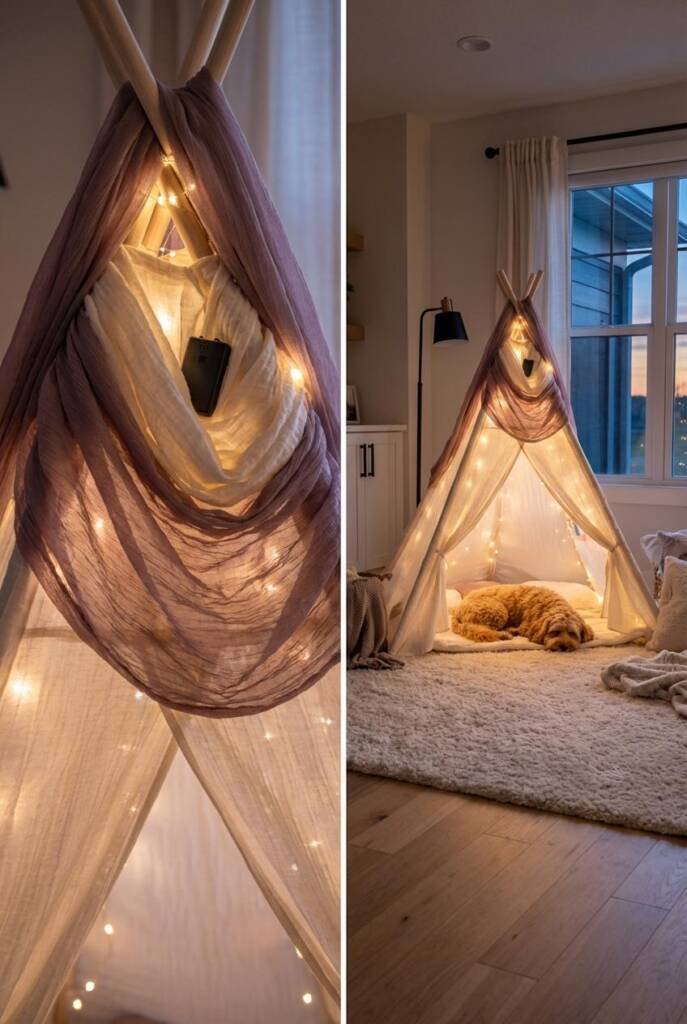Ethereal teepee wrapped with warm white fairy lights and sheer dusty mauve and cream fabrics draped over the structure. A sma