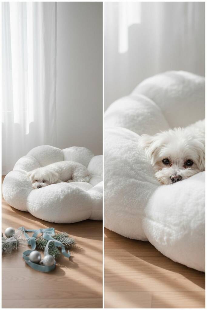 A fluffy cloud-shaped dog bed covered in pure white faux fur with raised cushioned sides, placed in a bright minimalist room