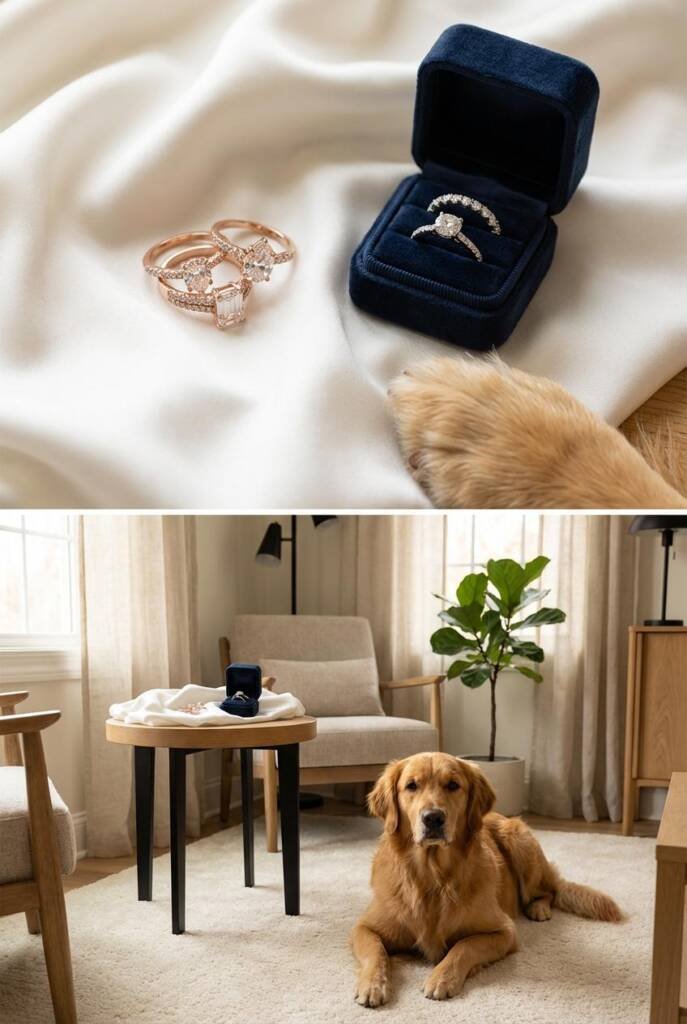 Close-up flat lay photograph showing two sets of rings side by side on white silk fabric: beautiful cubic zirconia decoy ring