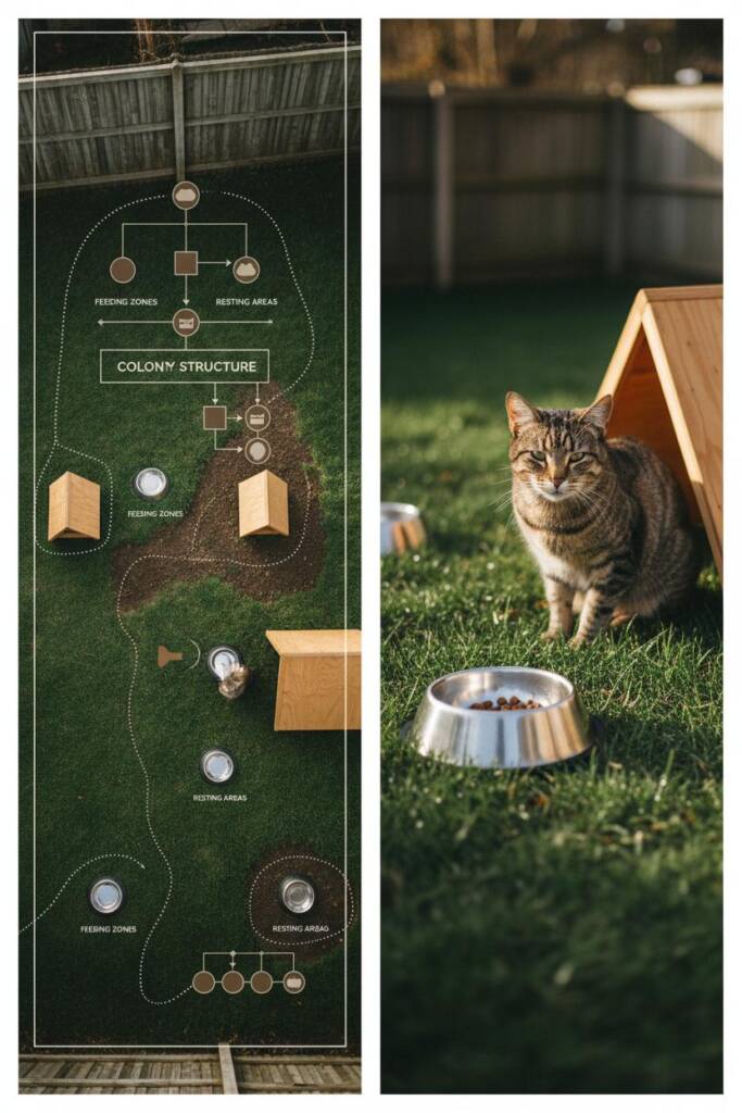 Illustrated diagram showing territorial map of backyard with dotted boundary lines, feeding zones marked with bowl icons, and