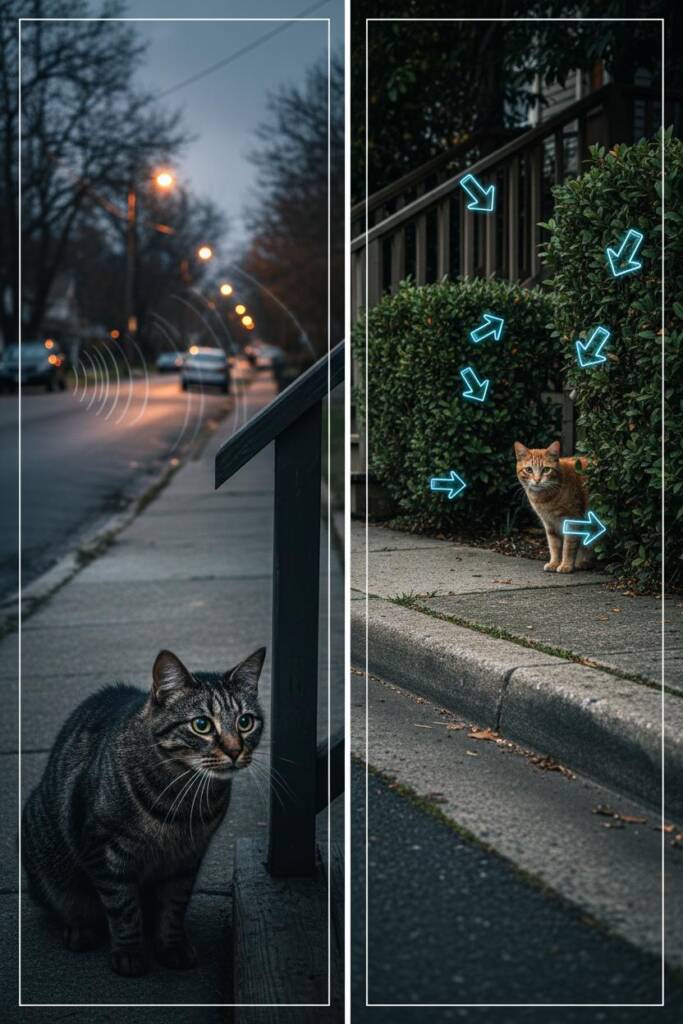 Layered perspective showing foreground: quiet residential street at dusk, middle ground: sound wave visualization emanating f