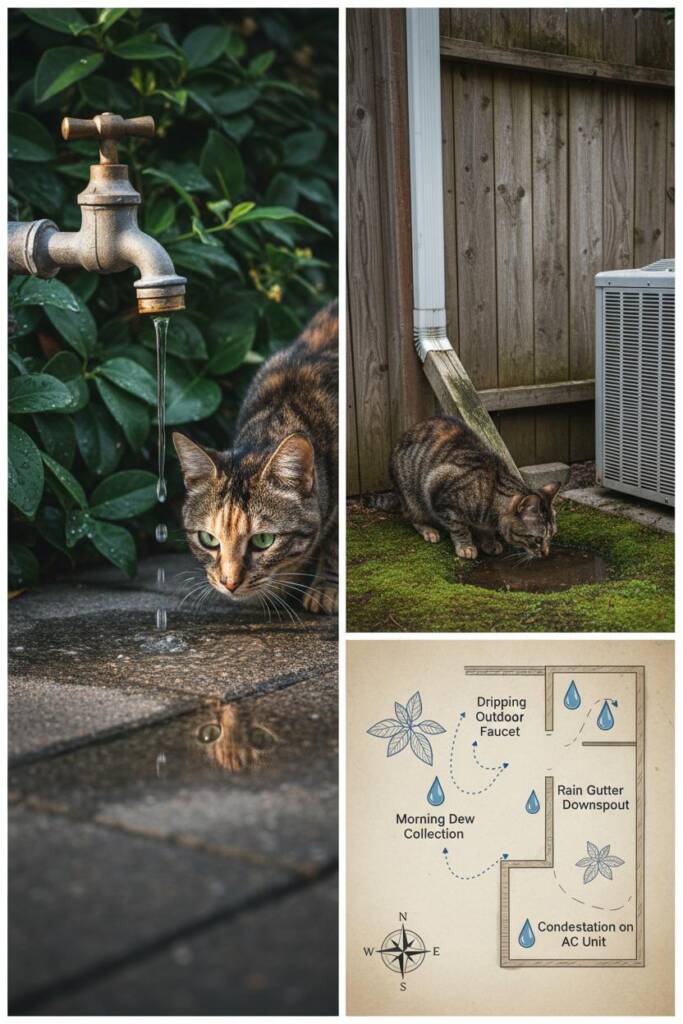 Treasure map style illustration of backyard showing water source locations: dripping outdoor faucet with droplet trail, morni