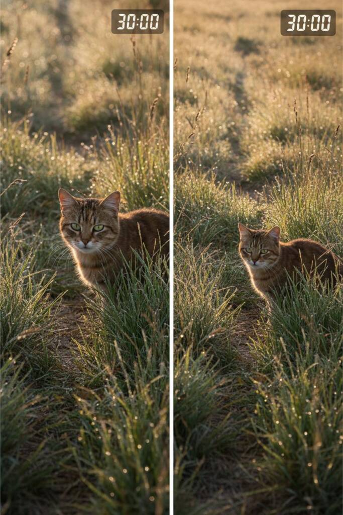 Close-up ground-level view of tall grass with dew drops, showing a subtle hunting path through vegetation leading to a small