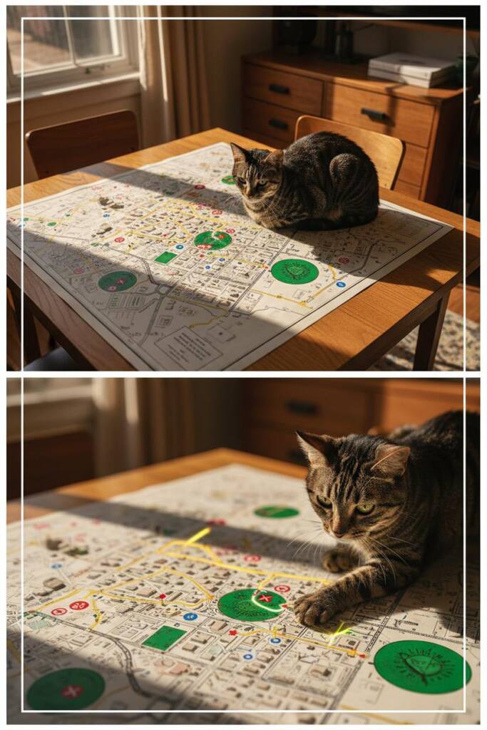 Bird's eye view city block map with highlighted safe routes, danger zones marked with red X symbols, water sources marked wit