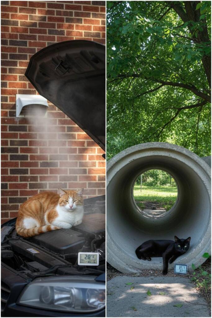 Split seasonal image showing left: winter scene with car engine hood partially open, dryer vent releasing warm air, sunny bri