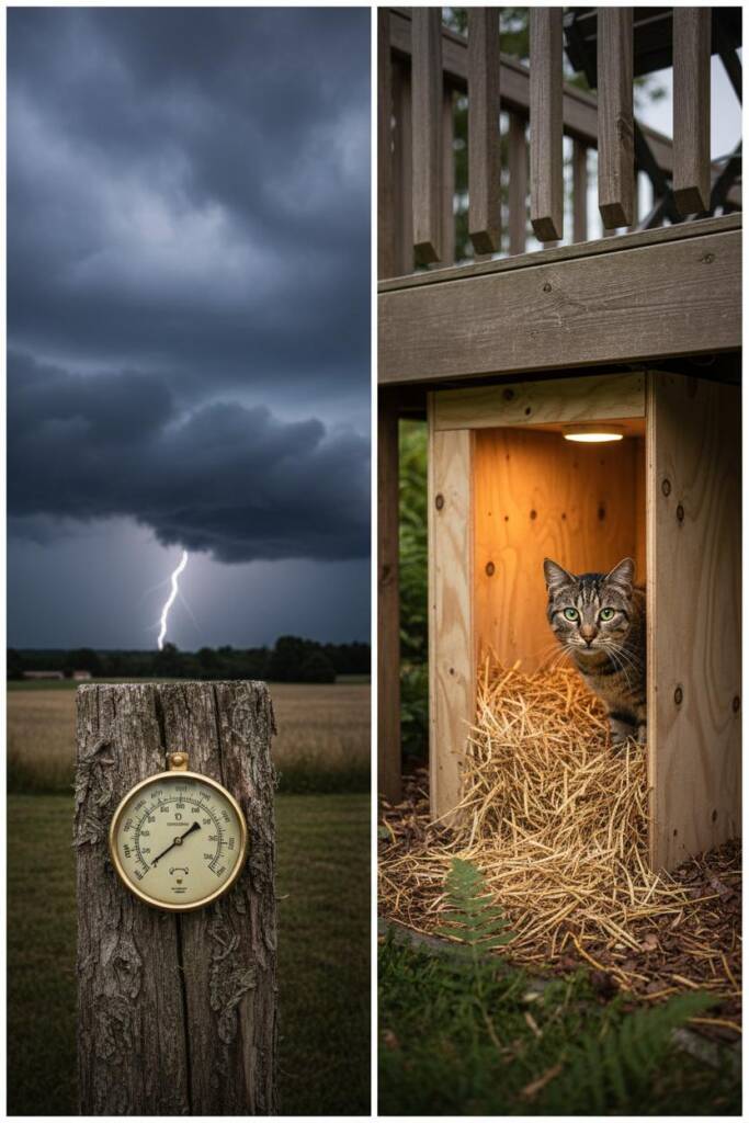Dramatic split-screen image showing left side: dark storm clouds gathering with barometric pressure gauge dropping, right sid