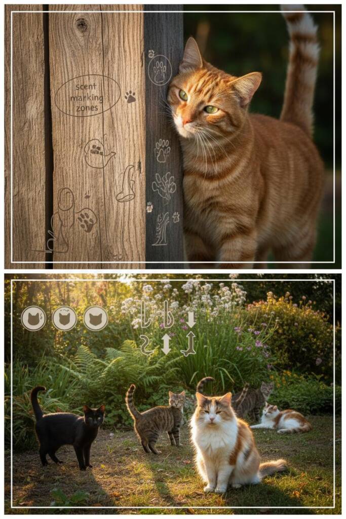 Educational diagram showing fence post with scent marking zones illustrated, ground-level ear position silhouettes, tail angl