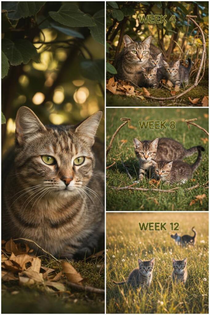 Progressive timeline illustration showing three stages: Week 4 (observation phase with shadowing), Week 8 (practice phase wit