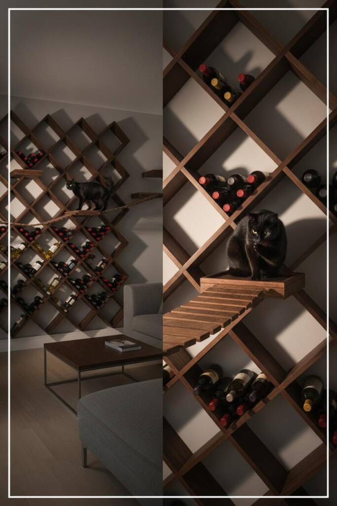 An entire accent wall featuring a diamond-pattern grid of dark walnut wine holders on lower and middle sections creating geom