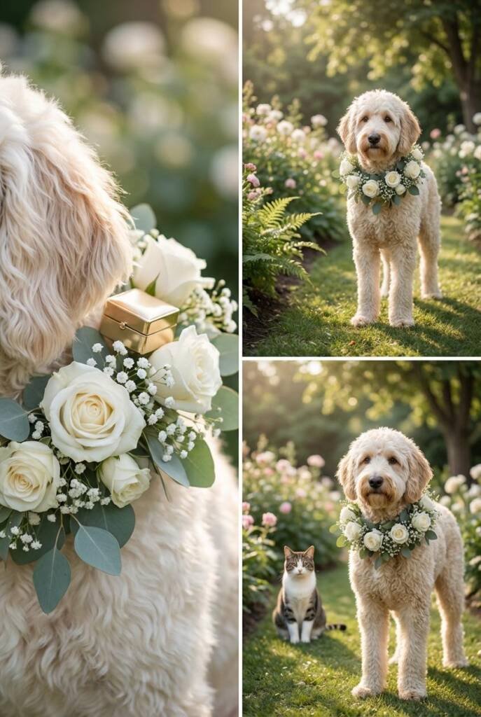 A white and cream colored golden doodle wearing a lush collar made entirely of white roses, baby's breath, and eucalyptus lea