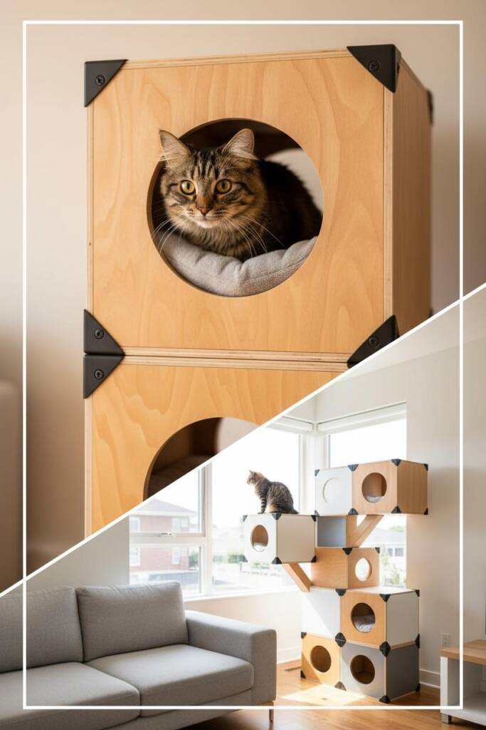 Asymmetrical cube-tree DIY cat treehouse resembling modular “treehouse rooms”: stacked cubes in natural wood, white, and gray