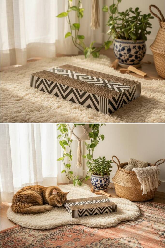 Flat lay photograph of a rectangular cardboard cat scratcher with bold black chevron and diamond tribal patterns on crisp whi