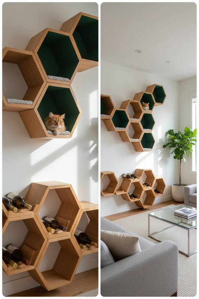 A striking wall installation of hexagonal wooden modules in honeycomb tessellation pattern with varying depths creating dimen