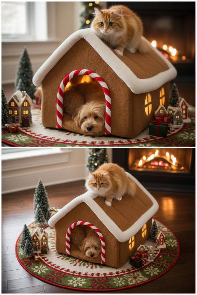 A whimsical cave-style dog bed designed as a miniature gingerbread cottage with brown plush walls, white piping details mimic