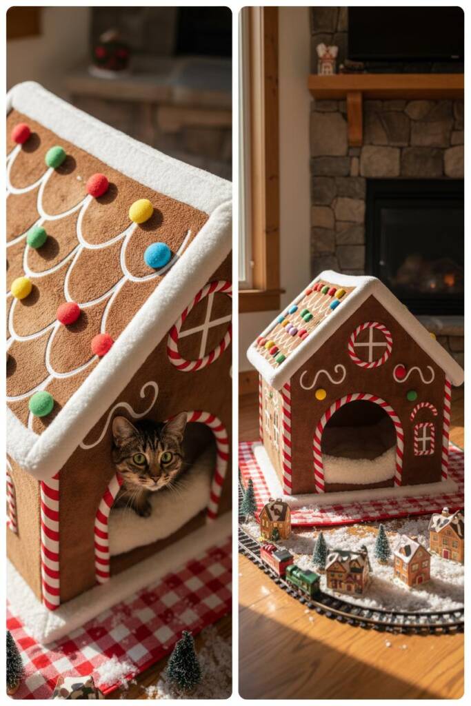 A whimsical gingerbread house-style cat condo with brown plush walls decorated with white piping details mimicking icing, can