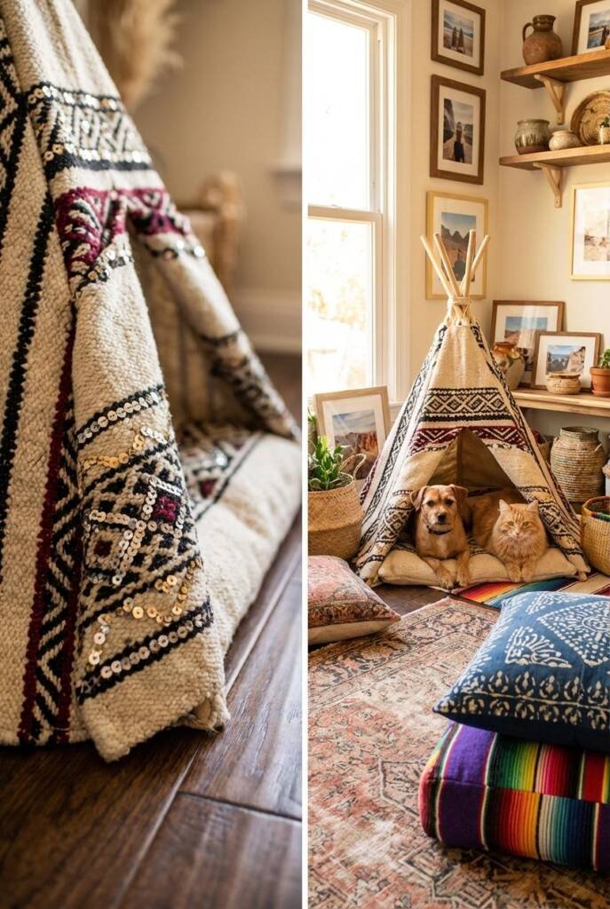 Pet teepee featuring authentic Moroccan wedding blanket pattern with diamond sequin details and bold geometric designs in ivo