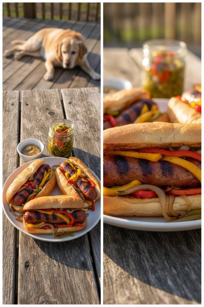 Overhead platter of toasted hoagie rolls loaded with juicy grilled sausages, blistered peppers, and sweet onions; mustard ram