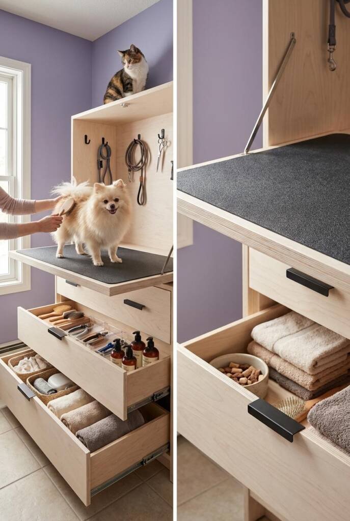 A white dresser with a fold-down top panel creating a grooming table surface. A fluffy pomeranian stands on a non-slip mat on