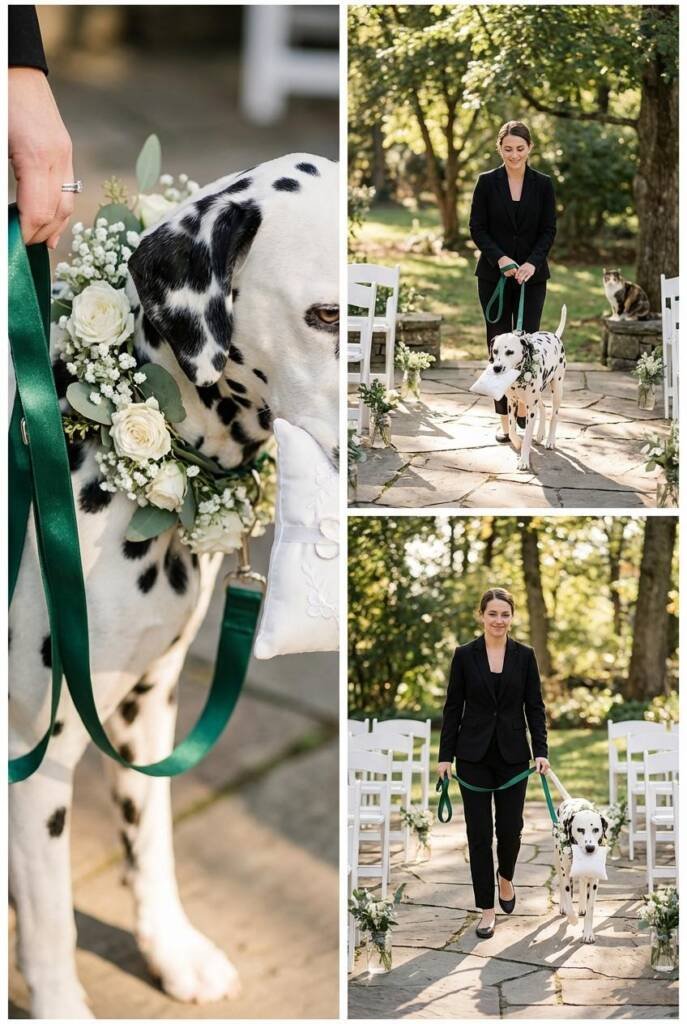 A dalmatian walking down outdoor aisle wearing floral collar and carrying rings, accompanied by professional handler in all-b