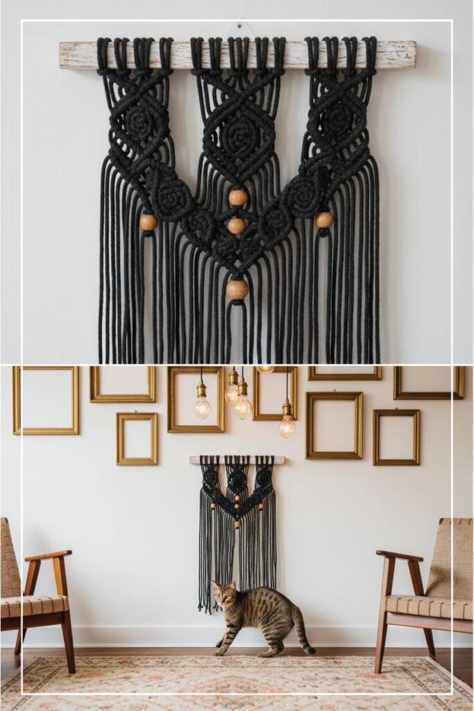 Straight-on shot of a wall-mounted macrame-inspired cat scratcher panel featuring black cotton cords knotted in layered diamo