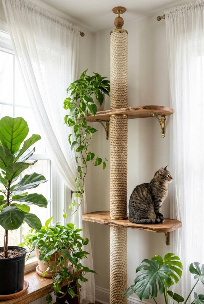 Bright window area with floor-to-ceiling braided seagrass rope column sculpture (4 inches diameter, full ceiling height) - th