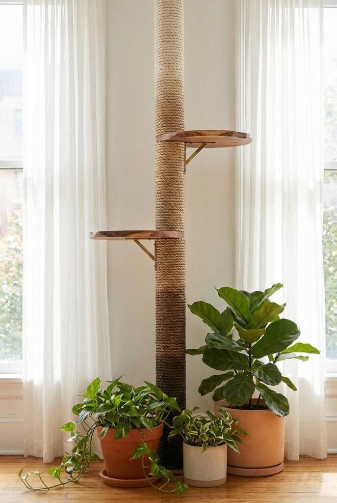 Bright window area with floor-to-ceiling braided seagrass rope column sculpture (4 inches diameter, full ceiling height) - th