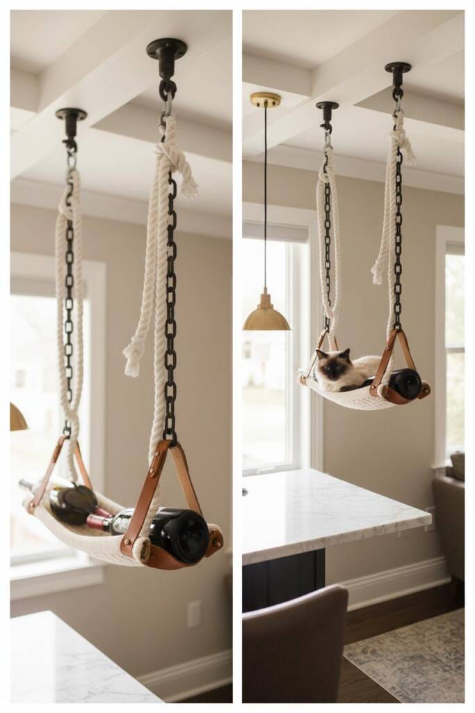 Thick nautical rope and industrial chains descending from white ceiling with heavy-duty eye bolts rated for significant weigh