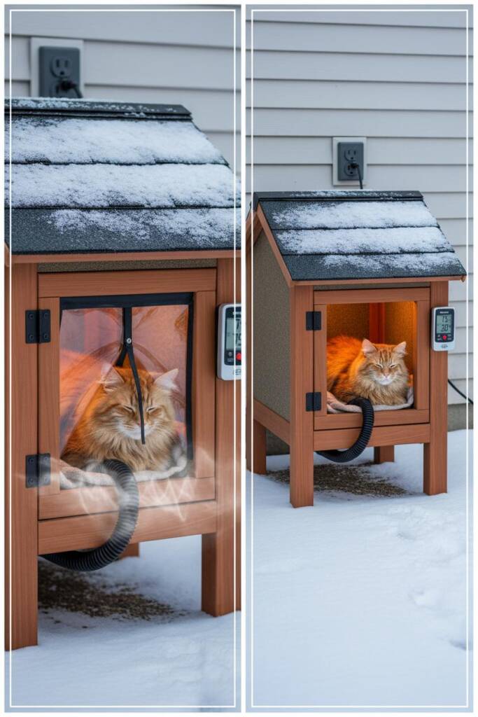 Cedar wood insulated pet house with peaked roof and shingles, positioned against house wall near GFCI outlet, heating pad cor