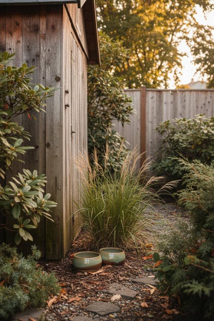 Bird's eye view of a backyard showing feeding bowls tucked discreetly behind a wooden garden shed, surrounded by ornamental t