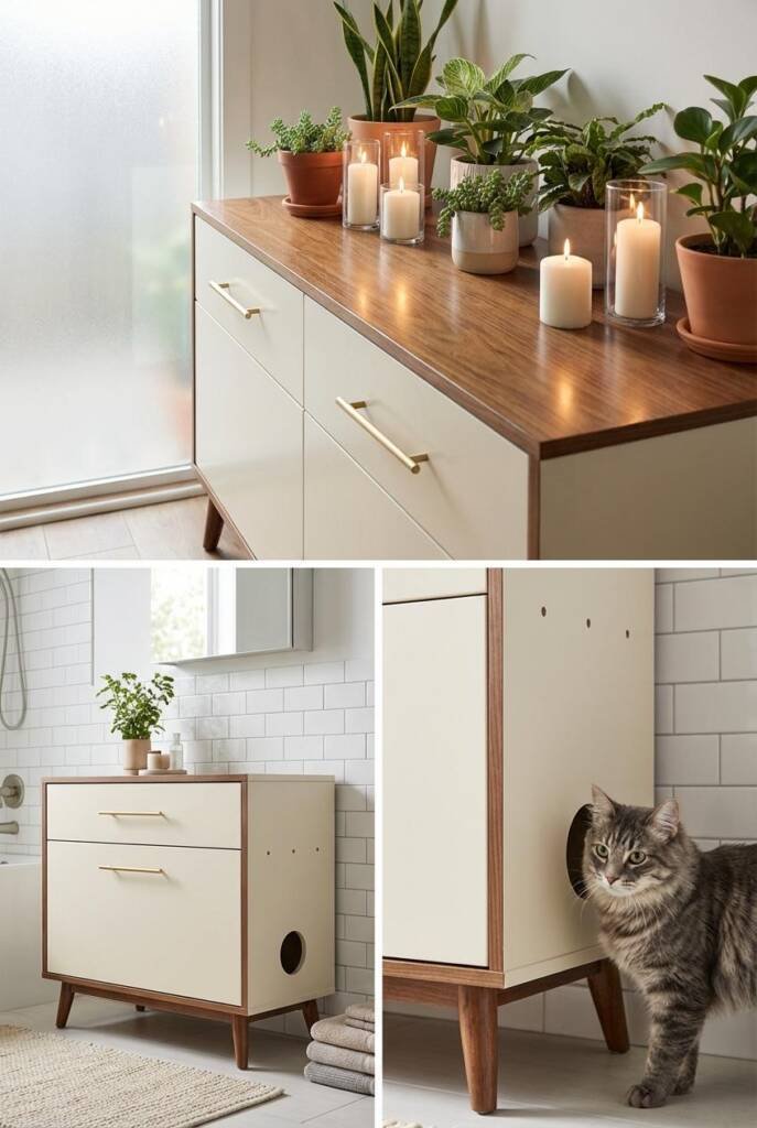 A cream-colored dresser in a bathroom with decorative plants and candles displayed on top. A circular entry hole is cut in th