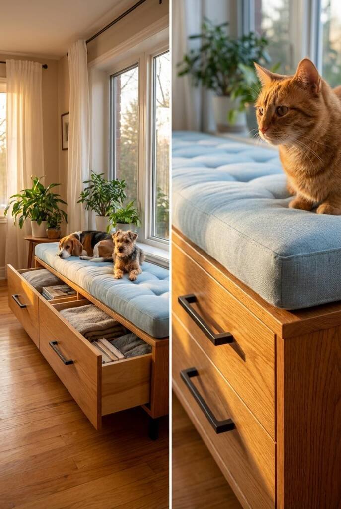 A low dresser laid horizontally on its back beneath a large sunny window with sheer white curtains. The top surface has a lon