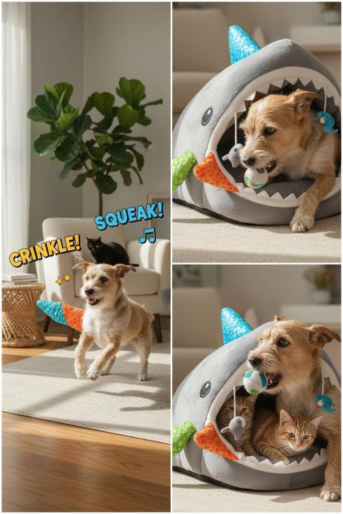 High-energy action shot of a scrappy terrier mix having the time of its life with a vibrant multi-colored shark bed. Motion b