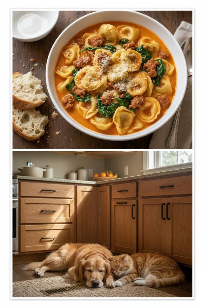 White soup bowl brimming with cheese tortellini in a creamy tomato broth with sausage nubs and wilted spinach; Parmesan dusti