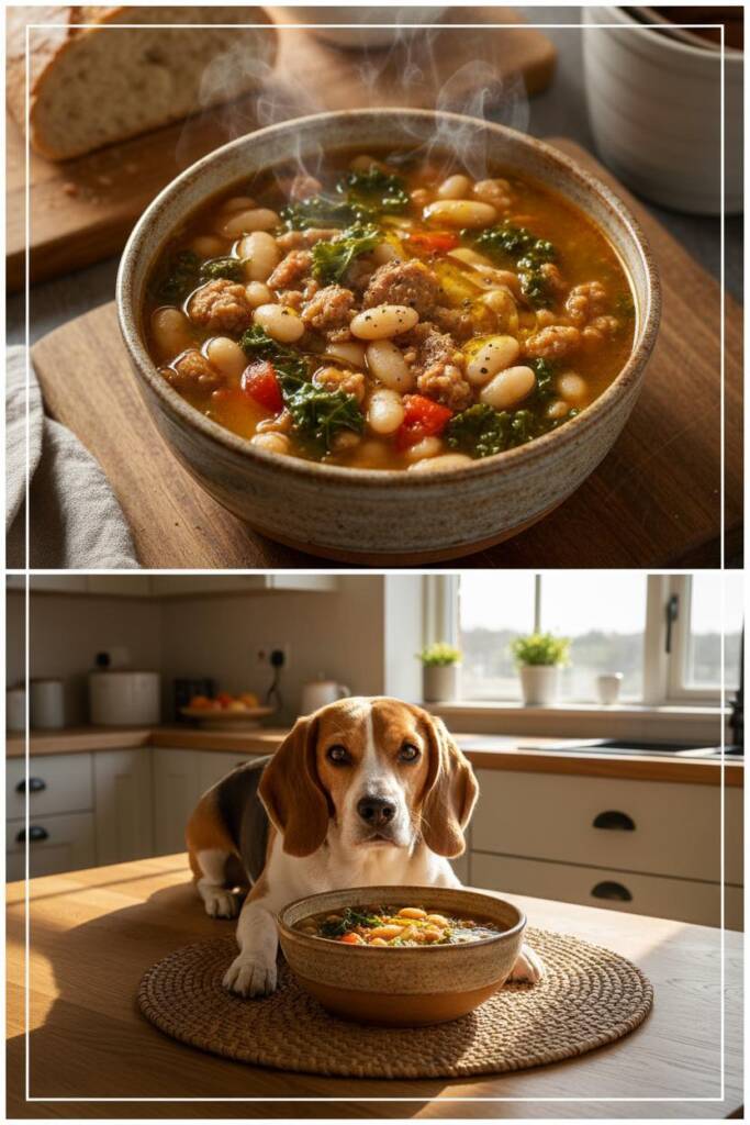 Rustic ceramic bowl filled with hearty broth, cannellini beans, crumbled sausage, kale ribbons, and diced tomatoes; steam ris