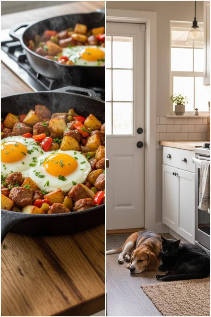 Cast-iron skillet shot: crispy potato cubes, colorful peppers, browned sausage, and sunny-side eggs nestled on top; chopped h