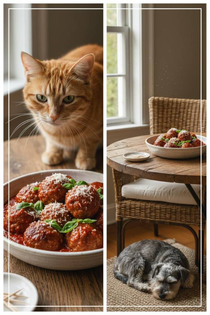 Shallow bowl of glossy meatballs nestled in bright marinara with basil leaves and grated Parmesan; a side plate with toothpic