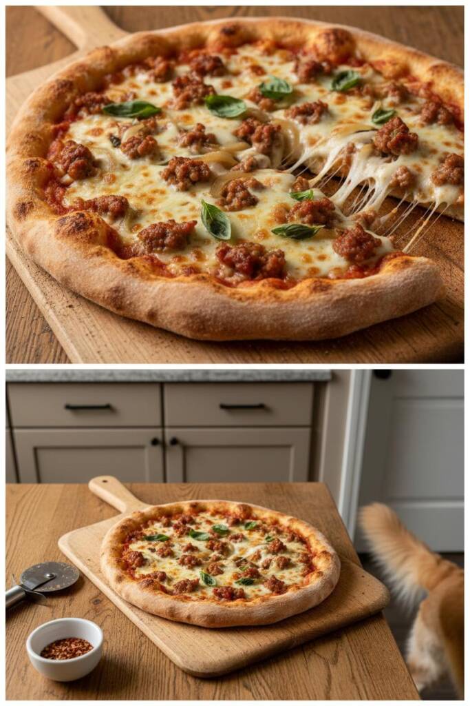 Hand-stretched pizza on a peel: bronzed crust, bubbling mozzarella, browned sausage crumbles, jammy caramelized onions, scatt