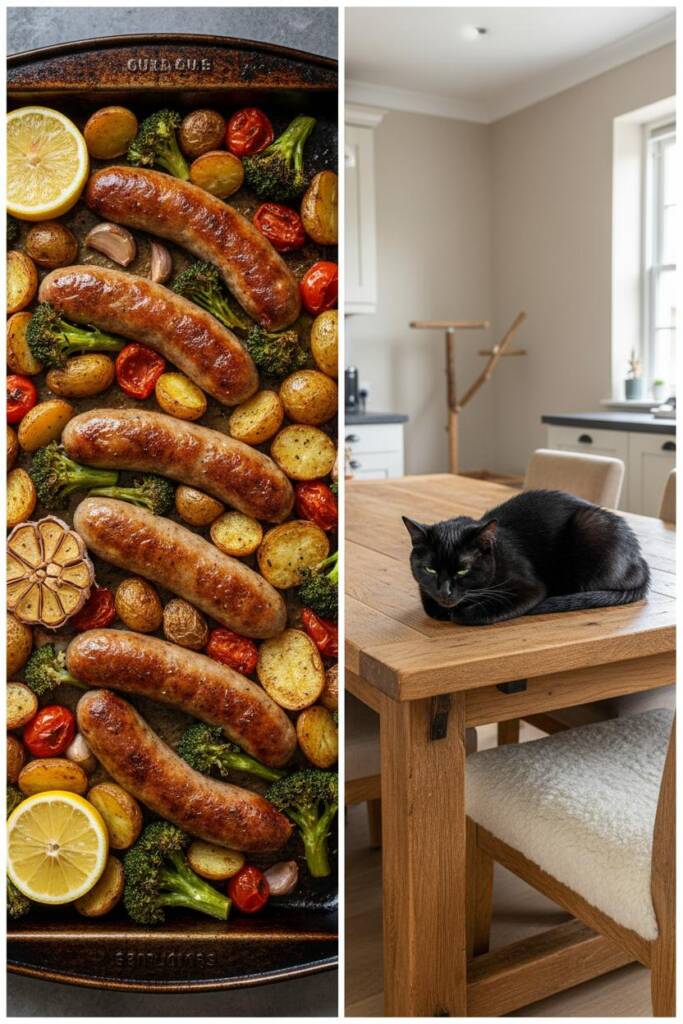 Large rimmed pan with bronzed whole sausages, crispy halved baby potatoes, charred broccoli florets, burst cherry tomatoes, a