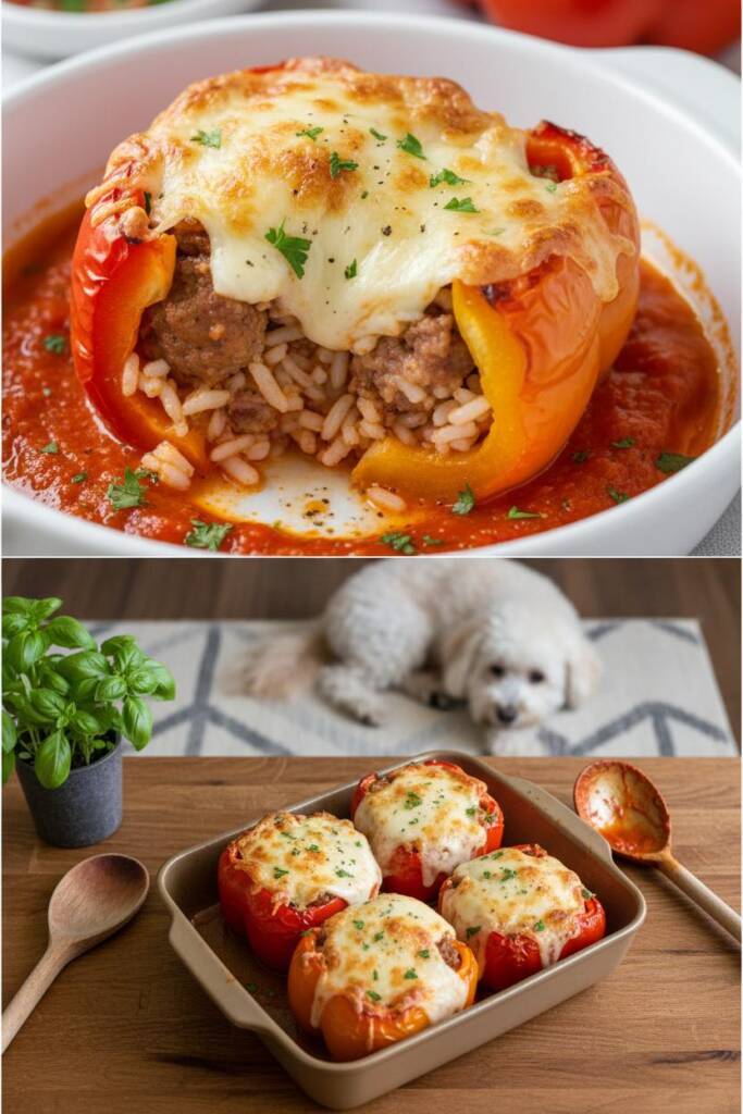 Baking dish of red and yellow peppers standing tall, packed with sausage-rice filling and bubbling mozzarella on top; ladle o