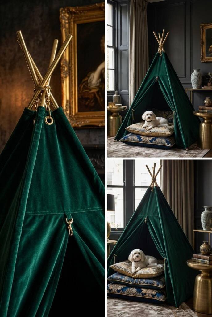 Luxurious deep emerald green velvet teepee with brass hardware accents. A small well-groomed white dog on plush silk cushions