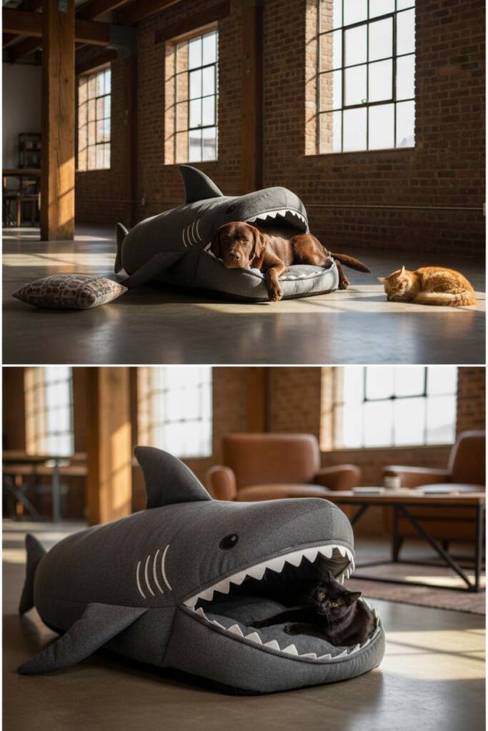 Dramatic wide-angle shot of a modern industrial loft living room featuring an enormous gray shark bed built for giants. A ful