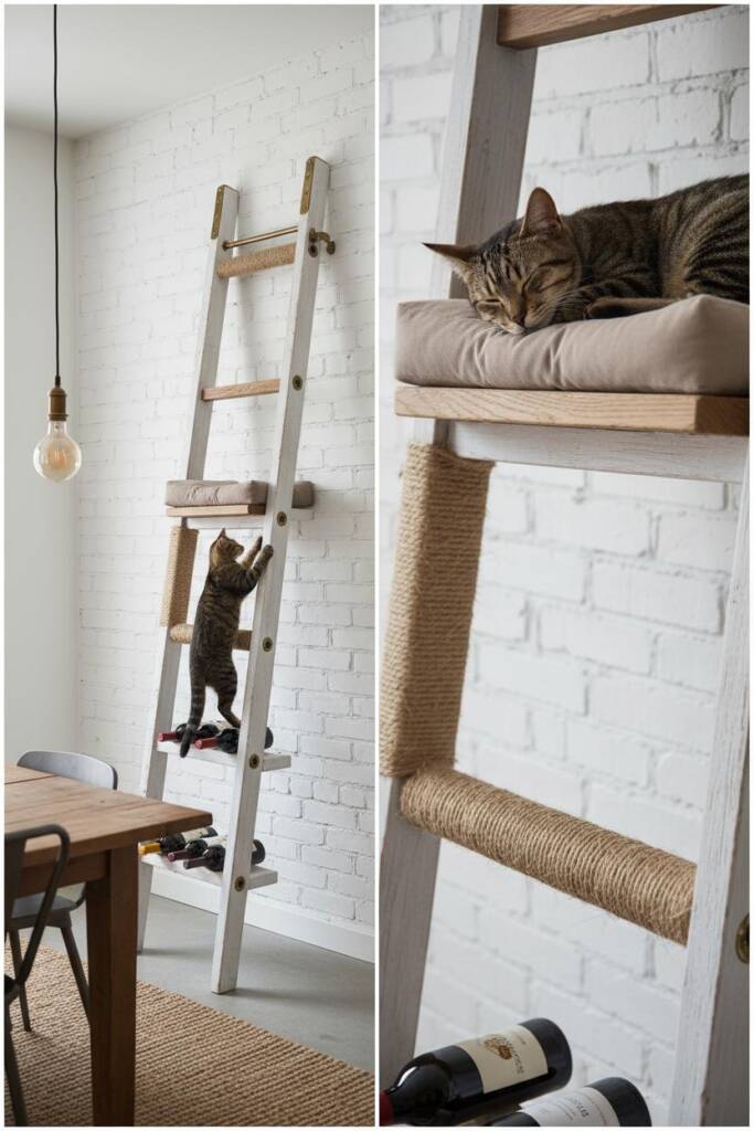 A reclaimed wood ladder leaning against a kitchen wall at a 75-degree angle with wine bottles stored horizontally on the bott
