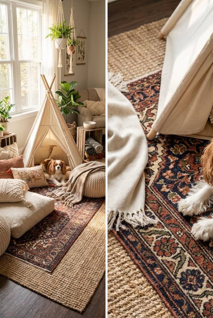 Wide shot of complete pet lounge area with large jute rug as base, vintage Persian runner layered on top, cream teepee positi