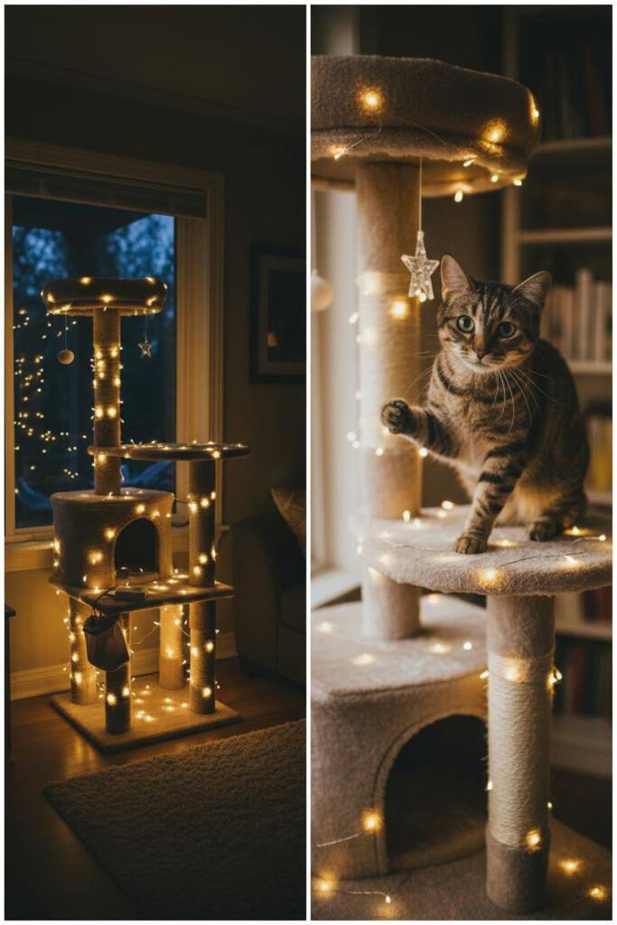 A cat tree tower structure with warm white LED string lights safely woven throughout the levels, glowing softly in a dimly li