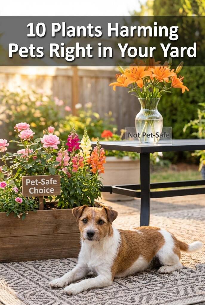 Outdoor patio scene with a vase of tiger lilies behind a clear “Not Pet-Safe” sign. Nearby, roses and snapdragons labeled “Pe