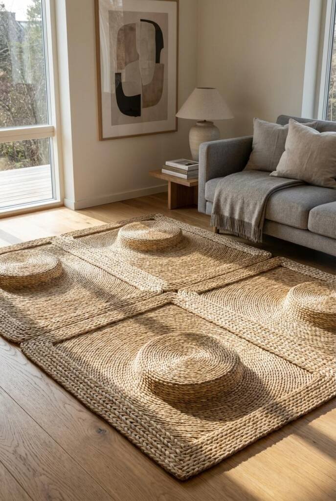 Scandinavian living room with oversized sculptural seagrass floor installation (5x6 feet) - thick woven seagrass mat featurin