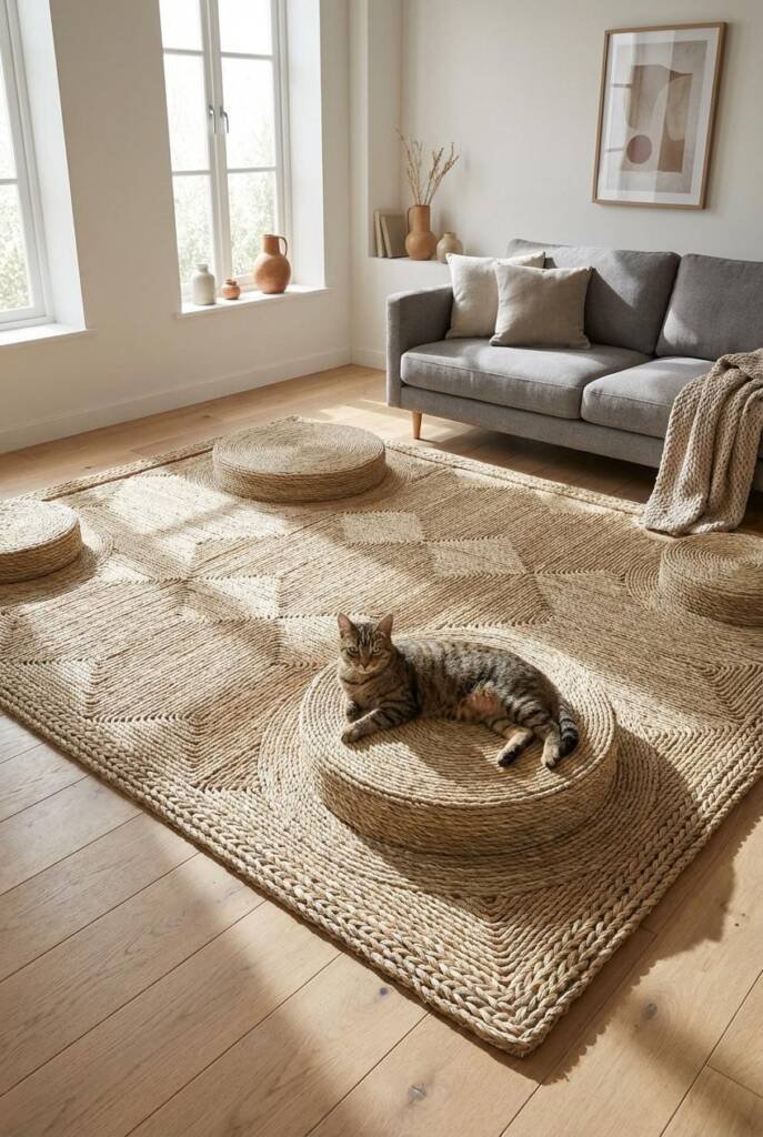 Scandinavian living room with oversized sculptural seagrass floor installation (5x6 feet) - thick woven seagrass mat featurin