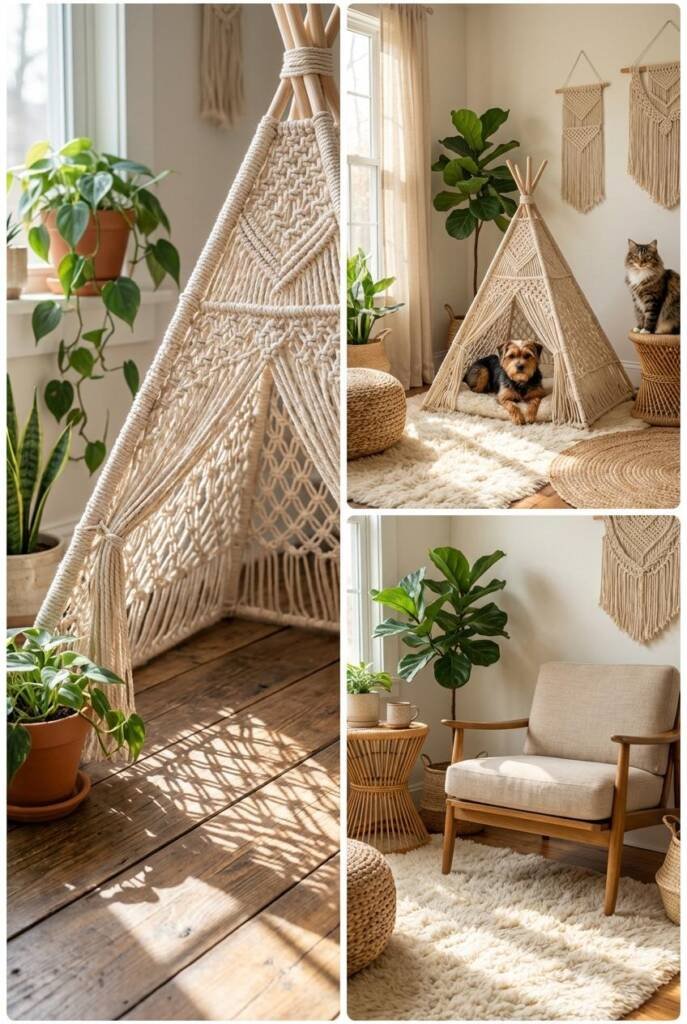 Stunning teepee structure covered in intricate macramé knotwork in natural cotton cord, with strategic openings for entry. A